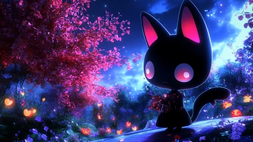Cute black cat character in glowing fantasy forest scene.