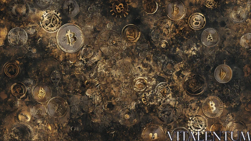 Cryptocurrency relief field in metallic abstract texture.