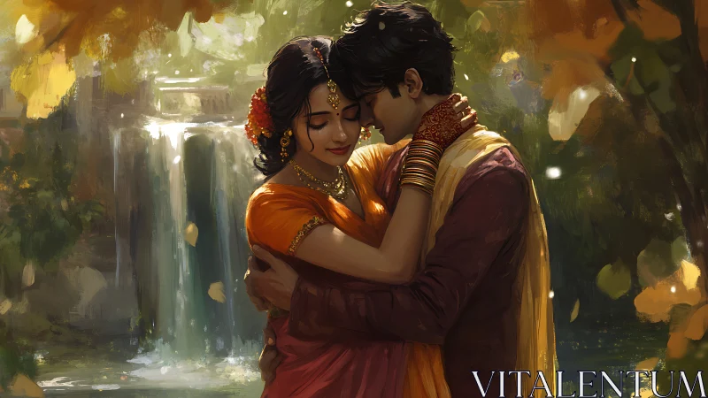 Two figures in period costumes stand beneath waterfall in golden forest setting.