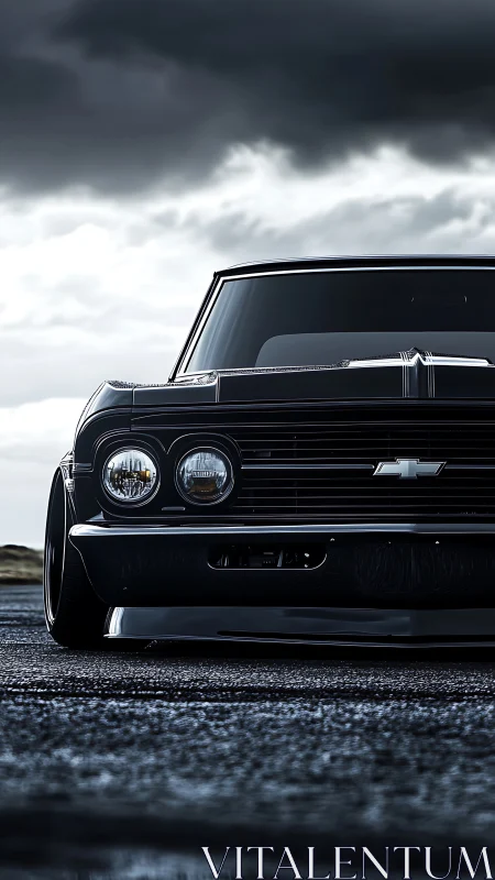 Front view shows low-angle classic Chevrolet under clouds