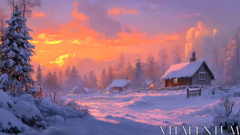 Snowbound cottage glows warmly beneath a fiery winter sunset