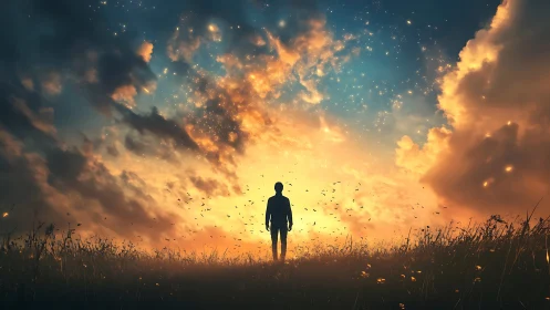 Silhouetted figure under illuminated evening sky field scene.