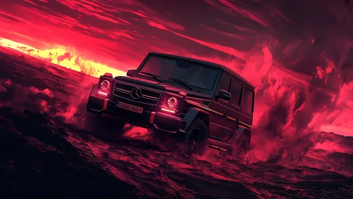 Off-road Mercedes SUV charges through neon crimson storm sky