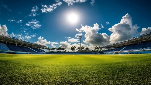 Fisheye daylight capture of tropical open-air football stadium.