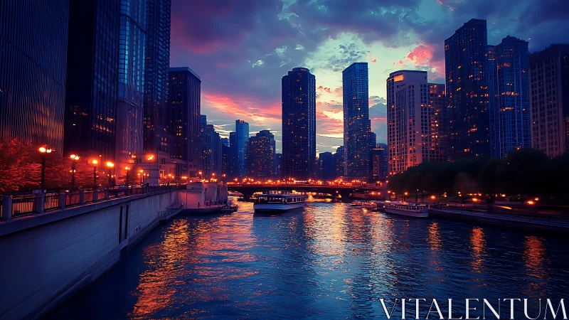 Sunset city river skyline with glowing waterfront lights.