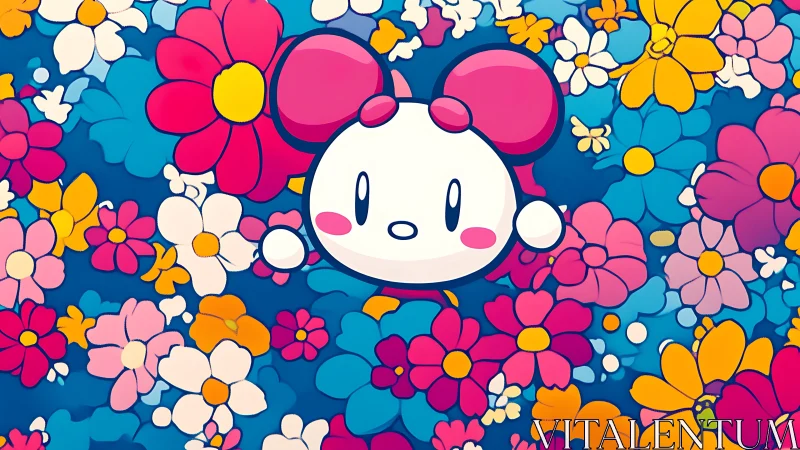 Kawaii mascot head with oversized bow immersed in floral field.