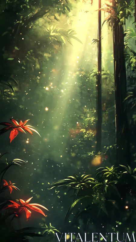 Mystical Jungle Sanctuary With Glowing Particles.