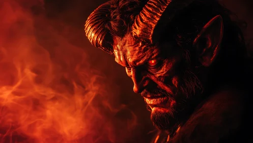 Infernal horned demon portrait in molten red side lighting.