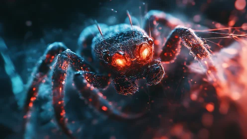 Neon Ember Spider Stares Back From Electric Starlight Web.