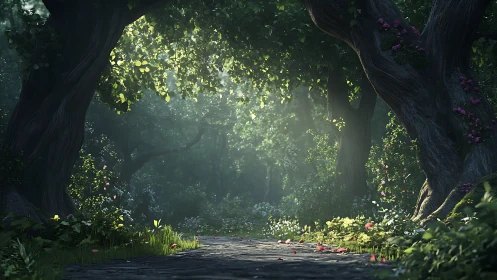 Ancient forest pathway emerges beneath towering trees with luminous canopy