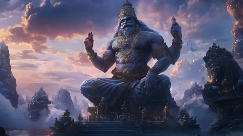 Colossal blue deity statue seated amid misty mountain temples.