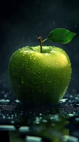 Rainkissed green apple standing proud in dramatic shadow.