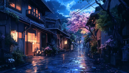 Rain-drenched alleyway under glowing sakura lantern light.