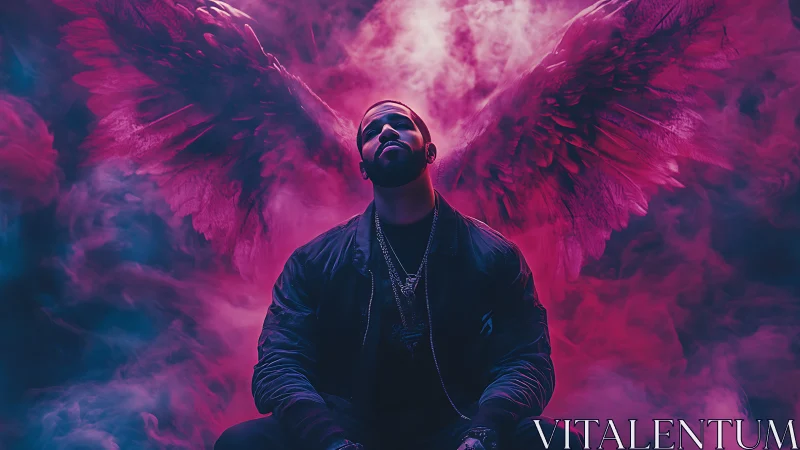 Digital portrait of winged figure in neon smoke environment.