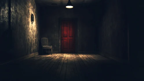 Red door glows ominously in a dark, abandoned hallway