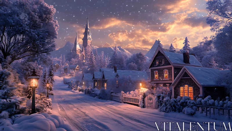 Snowlit village road drifting toward a storybook spire.