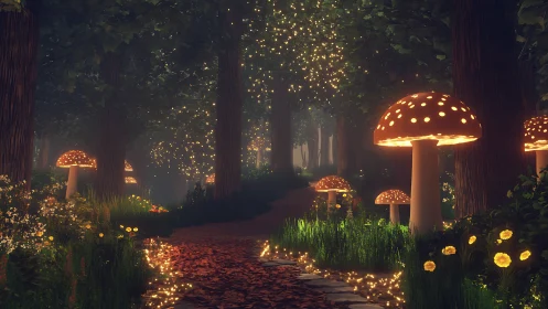 Glowing mushroom forest path shimmers with soft enchanted light