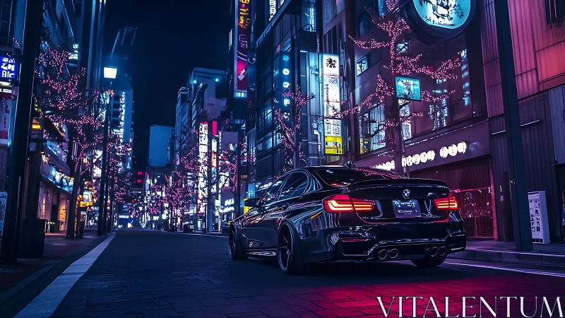 BMW coupe in neon-lit urban street at night scene.