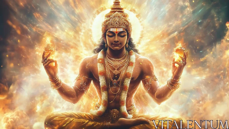 Divine male figure sits meditating within radiant flames