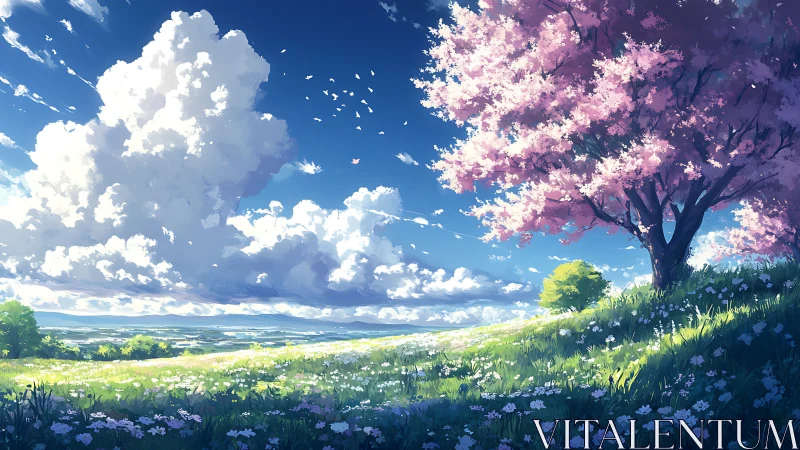 Cherry blossom tree on bright spring meadow under sky.