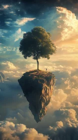 Floating sky island with lone tree above glowing clouds.