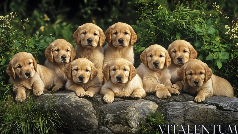 Golden retriever puppies sit on rocks in outdoor greenery