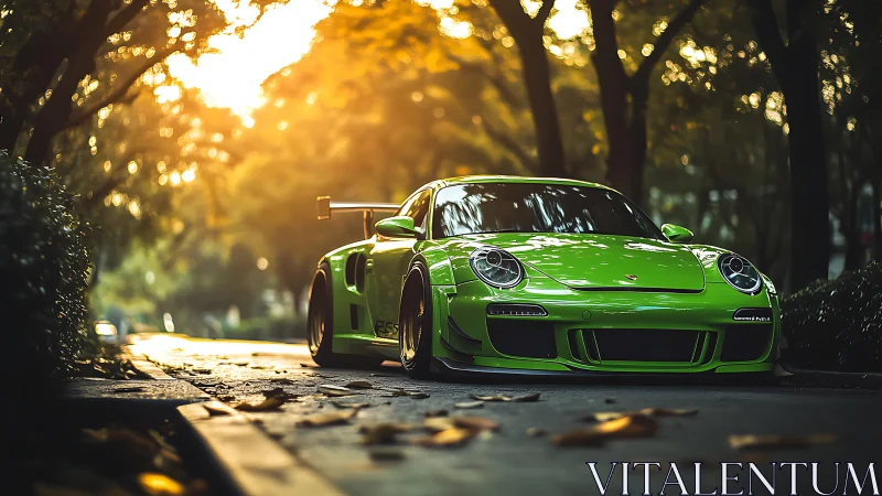 Lime green sports car glows under golden sunset trees.