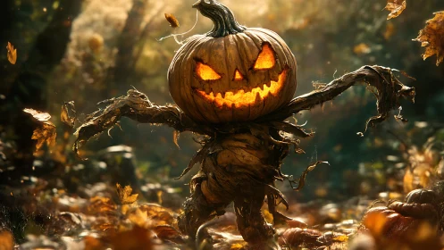 Grinning jack o lantern creature in glowing autumn forest.