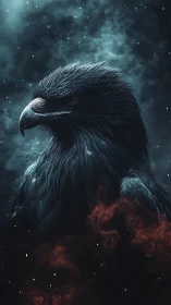 Midnight eagle stands strong in swirling cosmic mist