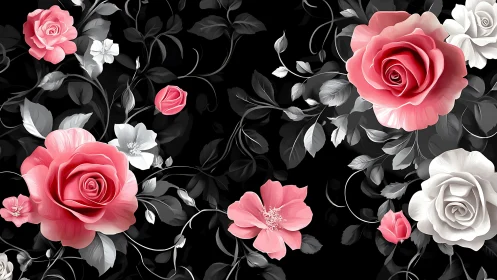 Pink and White Roses on Black Background with Ornamental Foliage