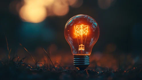 Glowing vintage lightbulb resting in dusk grass field.
