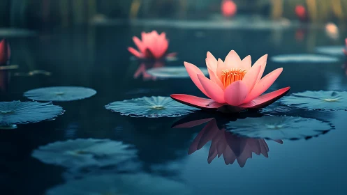 Pink Lotus Floating in Still Tranquil Waters.