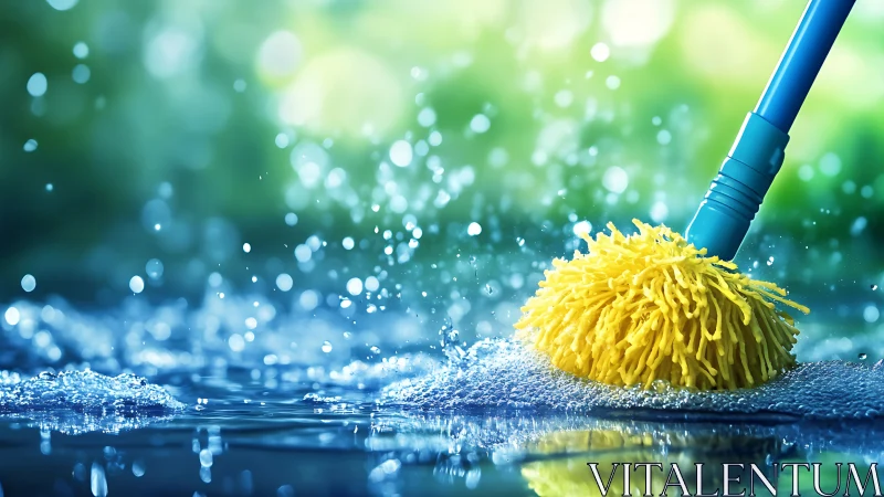 Wet yellow mop head in motion on reflective water surface.