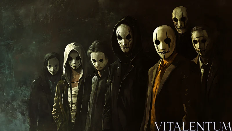 Masked figures in hooded coats forming ominous lineup.