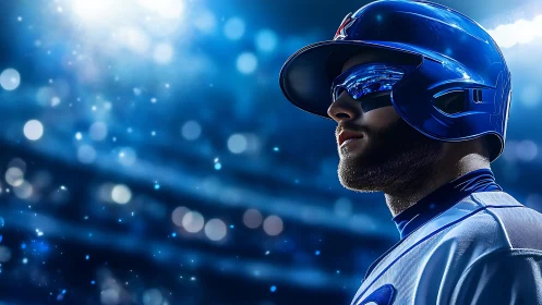 Cyber-lit baseball batter in blue helmet under stadium floodlights