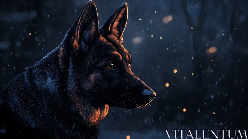German shepherd profile in cinematic blue-orange bokeh light.