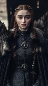 Young medieval noblewoman stands armored in fur and braids