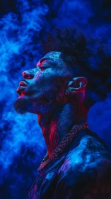 Tattooed man in neon smoke with strong side profile.
