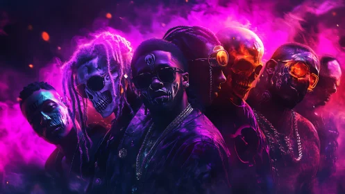 Neon skull collective in ultraviolet vaporwave lighting lineup.