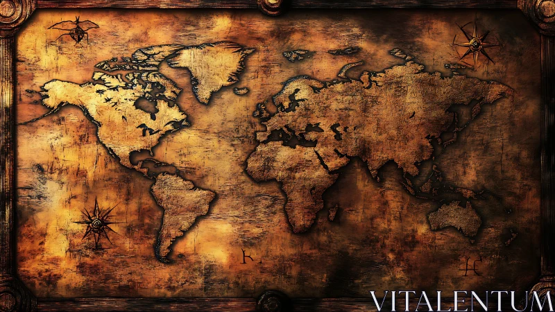 Antique-styled world map with continents and compass roses.