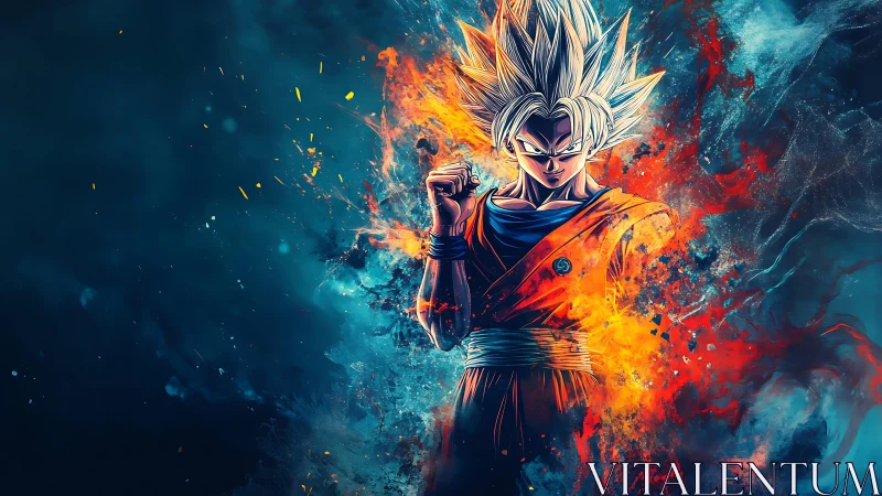Anime fighter in orange gi framed by blue and orange energy.