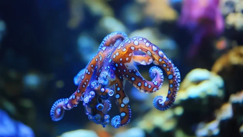 Vibrant blue-ringed octopus rendered in shallow depth of field