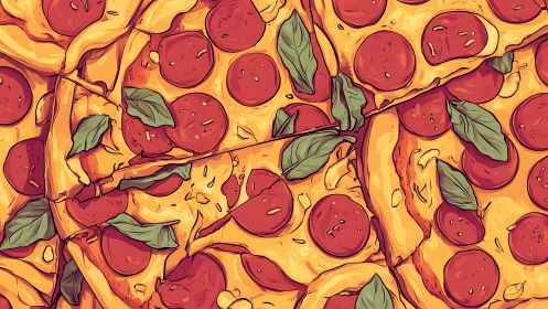 Digital painting of overlapping pepperoni pizza slices pattern.