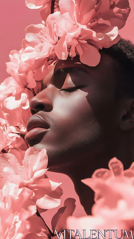 Portrait of serene person framed by bright pink flowers.