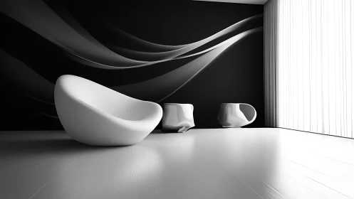 Sculptural white lounge chairs define a monochrome minimalist interior