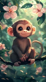 Baby monkey on branch in soft bokeh forest lighting.