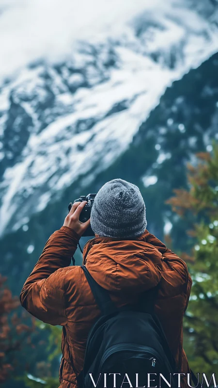 Mountain photographer in rust parka framing snowy ridgeline.