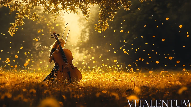 Cello hymns in a golden meadow of drifting petals at dusk.