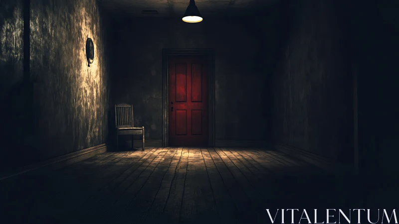 Red door glows ominously in a dark, abandoned hallway
