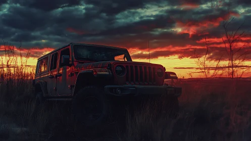 Off-road SUV silhouetted against high-contrast crimson sunset sky